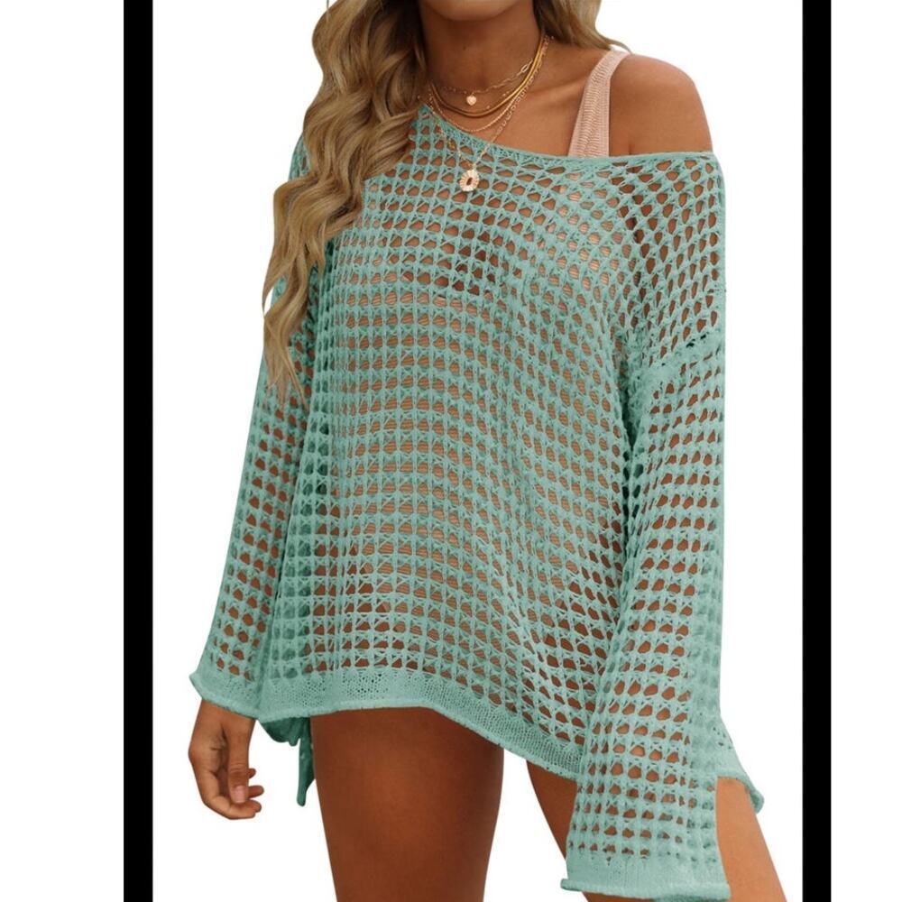 ZESICA Open Knit Crochet Beach Cover Tunic Top Seafoam Green Size M